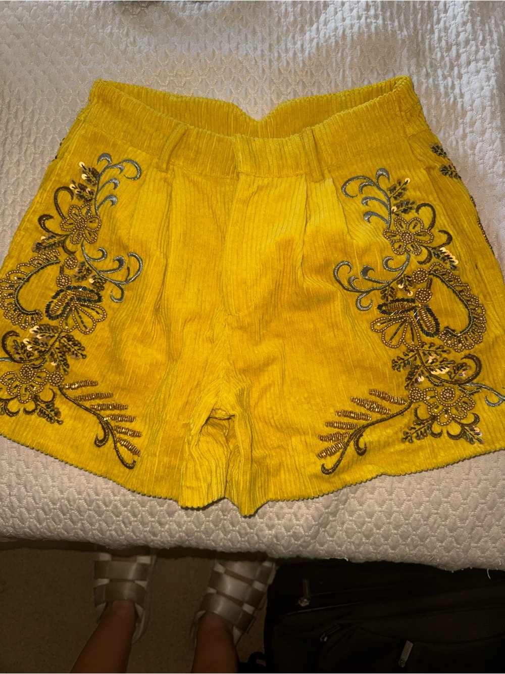 Free People Yellow Embroidered Corduroy Shorts